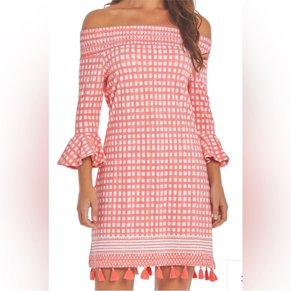 Cabana Life Nantucket Off Shoulder Dress Tassels Smocked 50+ UPF Coral Check‎ XS